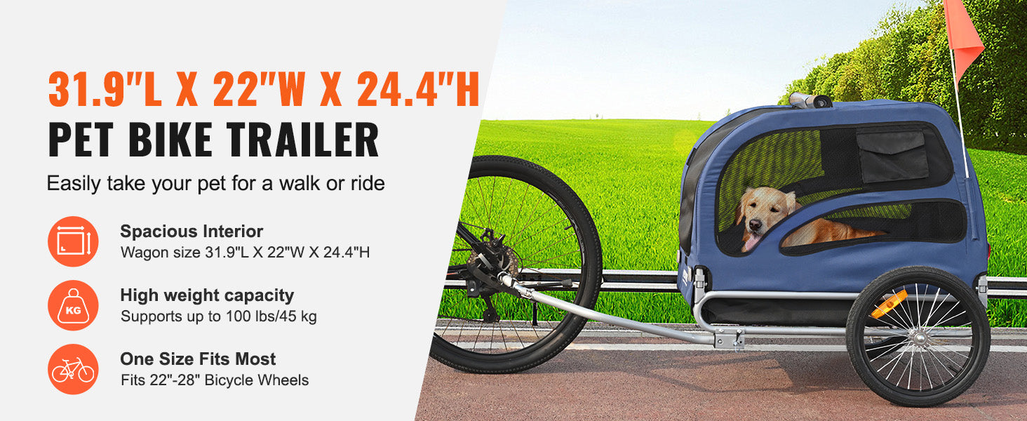 Pet bike trailer with specifications and a dog inside, set against a scenic background.