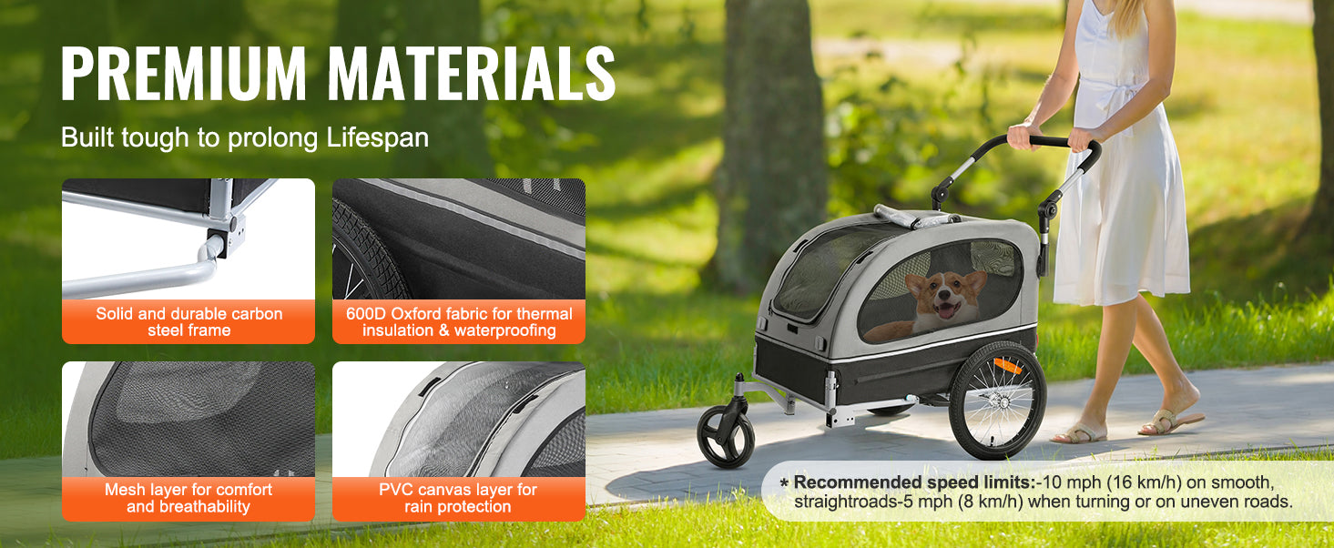 Pet stroller with premium materials features and a person pushing it outdoors.