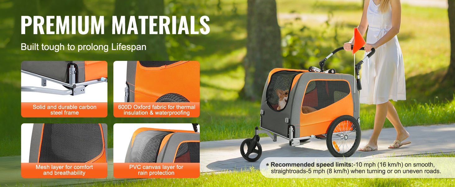 Pet stroller with premium materials features and a woman walking a dog outdoors.