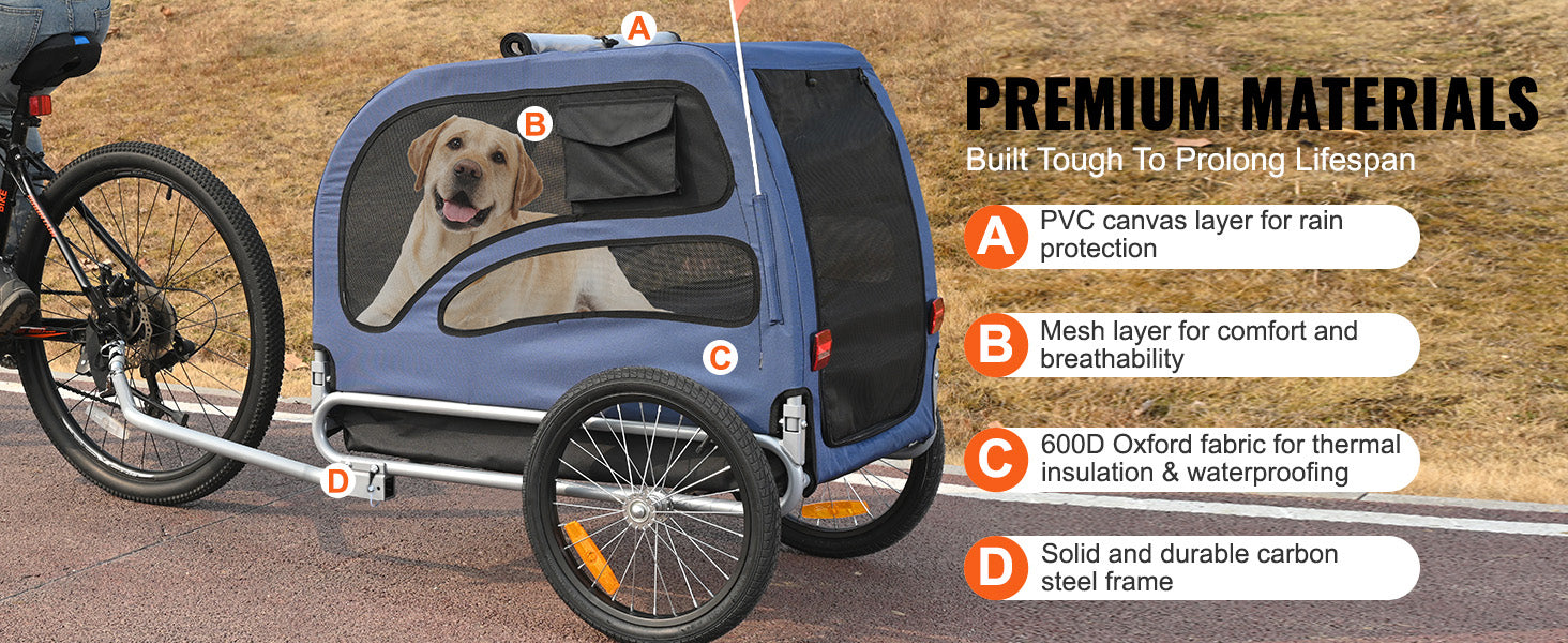 Blue bicycle pet trailer with a dog inside, attached to a bike, on a road.