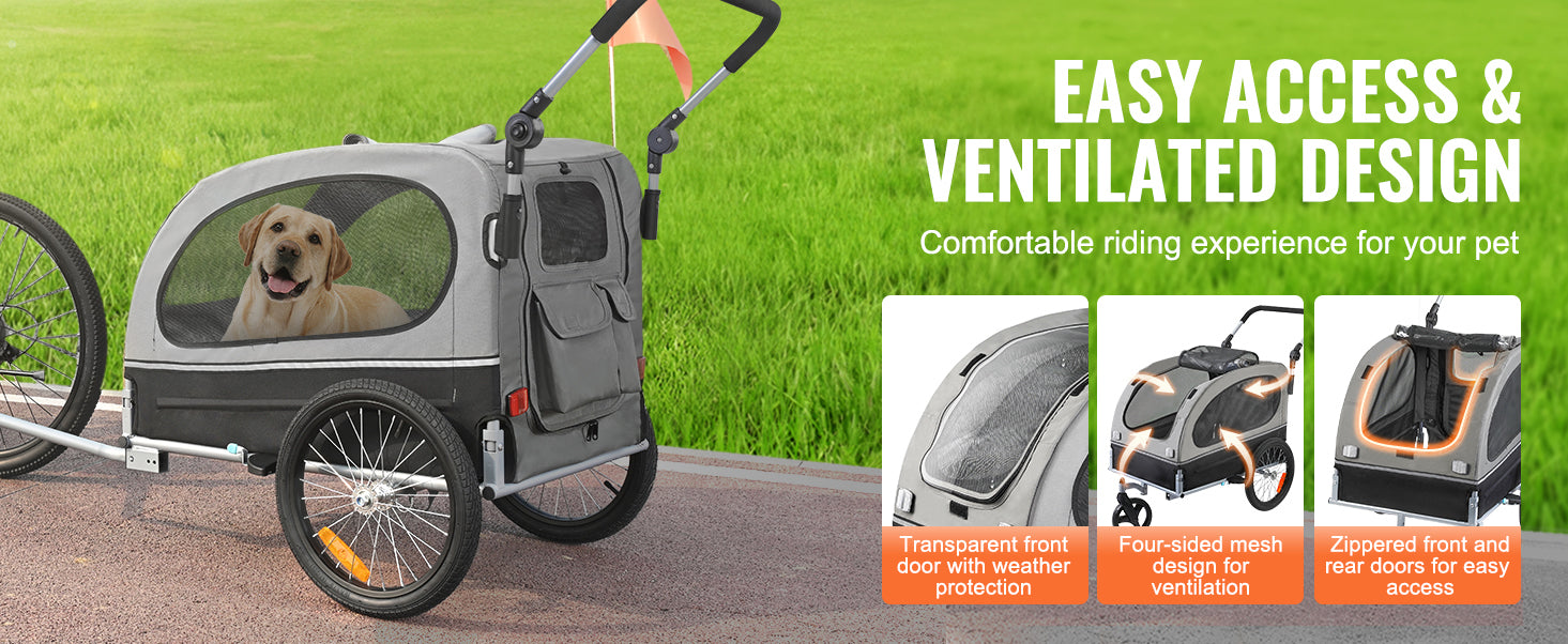 Pet stroller with a dog inside, on a grassy background, featuring text about easy access and ventilated design.