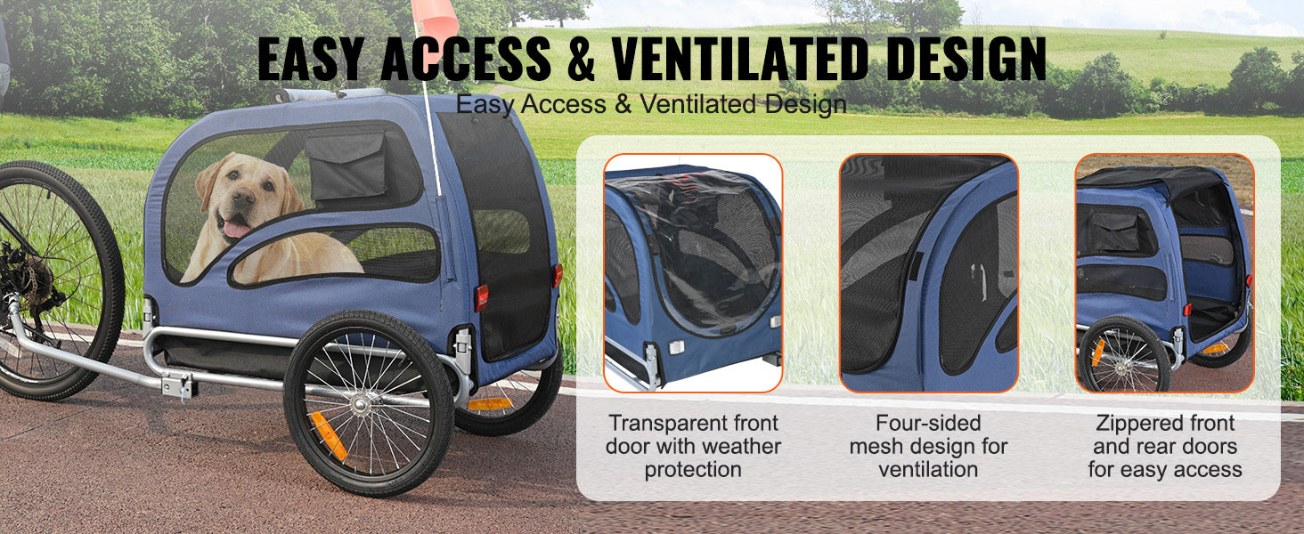 Pet bike trailer with easy access and ventilated design features on a grassy background.