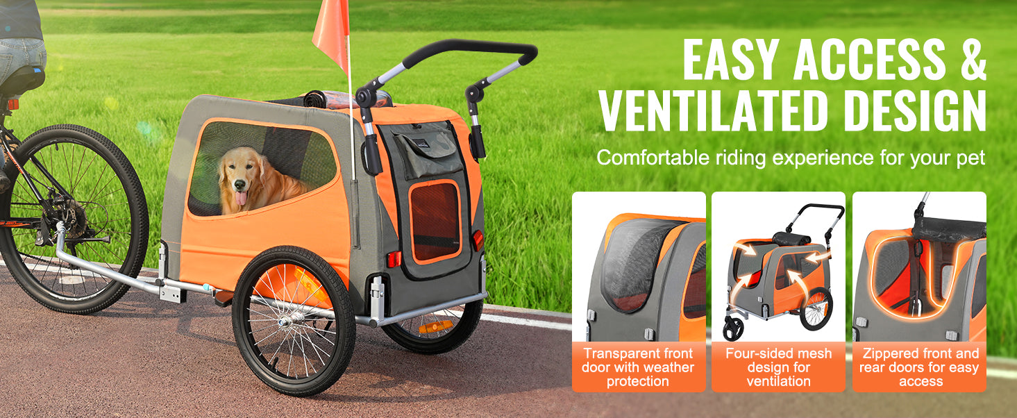 Pet bike trailer with a dog inside, on a road with grass in the background, featuring text about easy access and ventilated design.