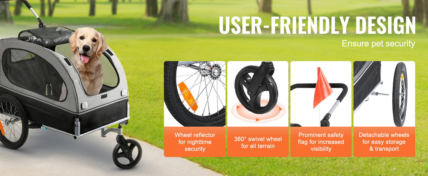Pet stroller with features highlighted on a grassy background