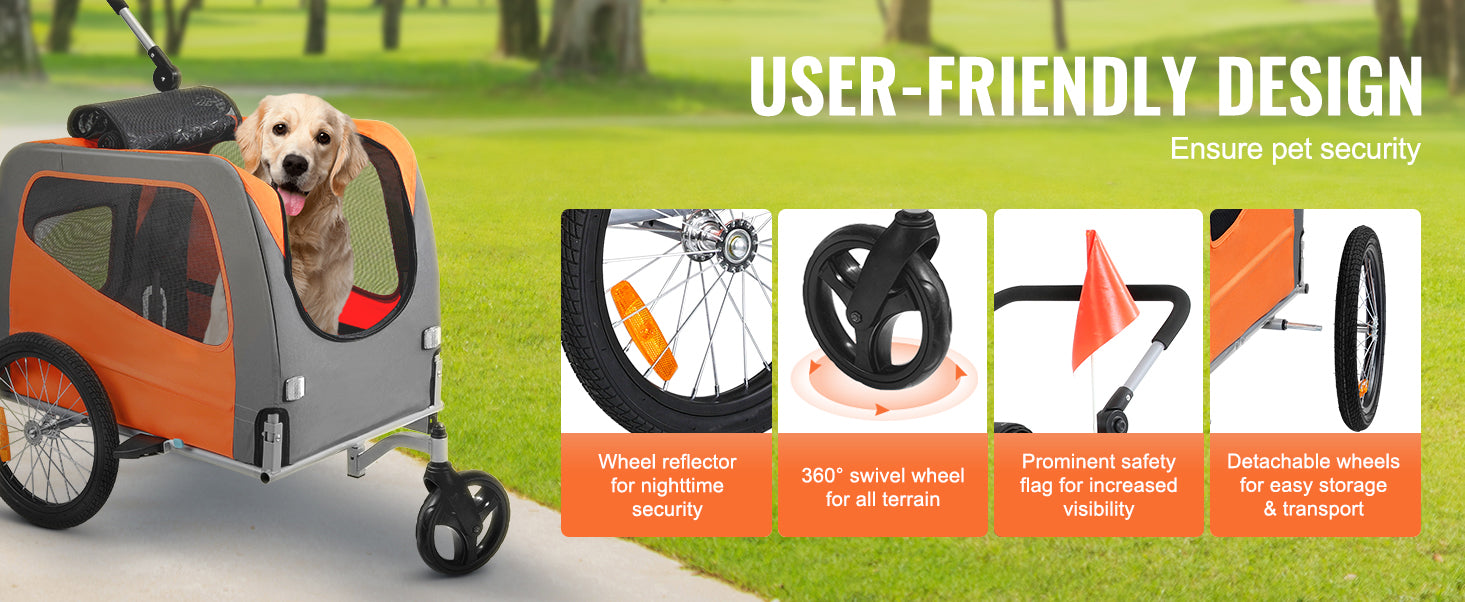 Dog bike trailer with user-friendly design features on a grassy background
