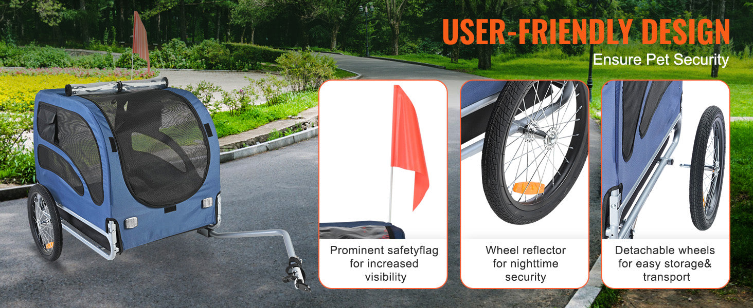 Pet bike trailer with safety features on a road
