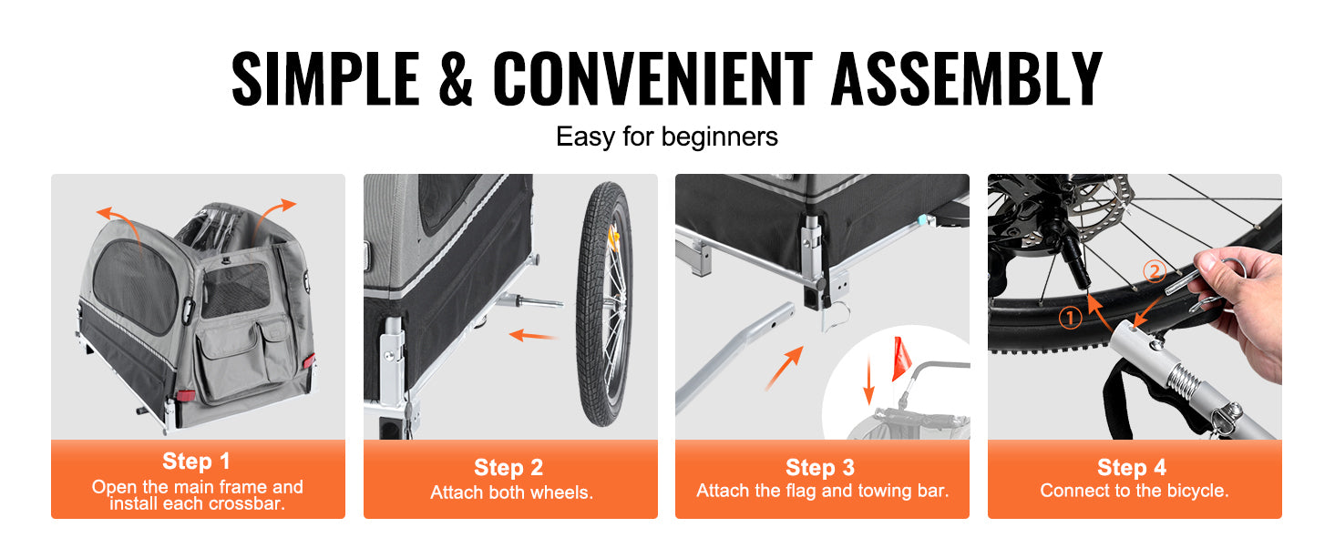 Step-by-step assembly guide for a bicycle with labeled steps and arrows.