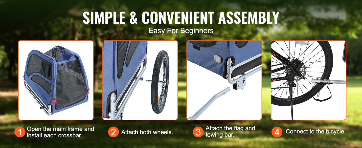 Step-by-step assembly guide for a bike trailer with text 'Simple & Convenient Assembly Easy For Beginners'.
