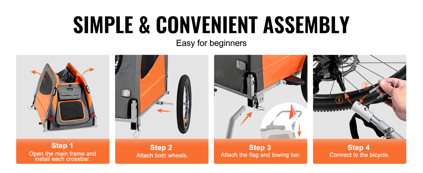 Step-by-step guide to assembling a bike trailer with text 'Simple & Convenient Assembly' and 'Easy for beginners'.