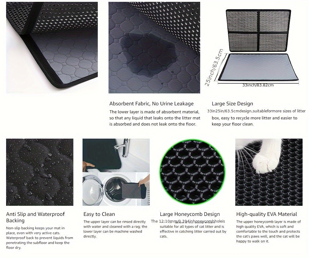 Cat litter mat with various features highlighted on a white background