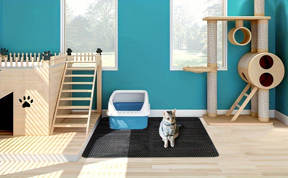 Cat playing with a toy in a room with a cat tree, litter box, and wooden play area.