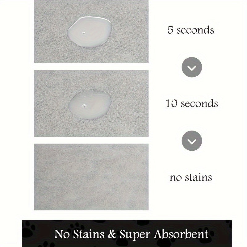 Demonstration of a stain being absorbed by a fabric over time with text indicating '5 seconds', '10 seconds', and 'no stains'.