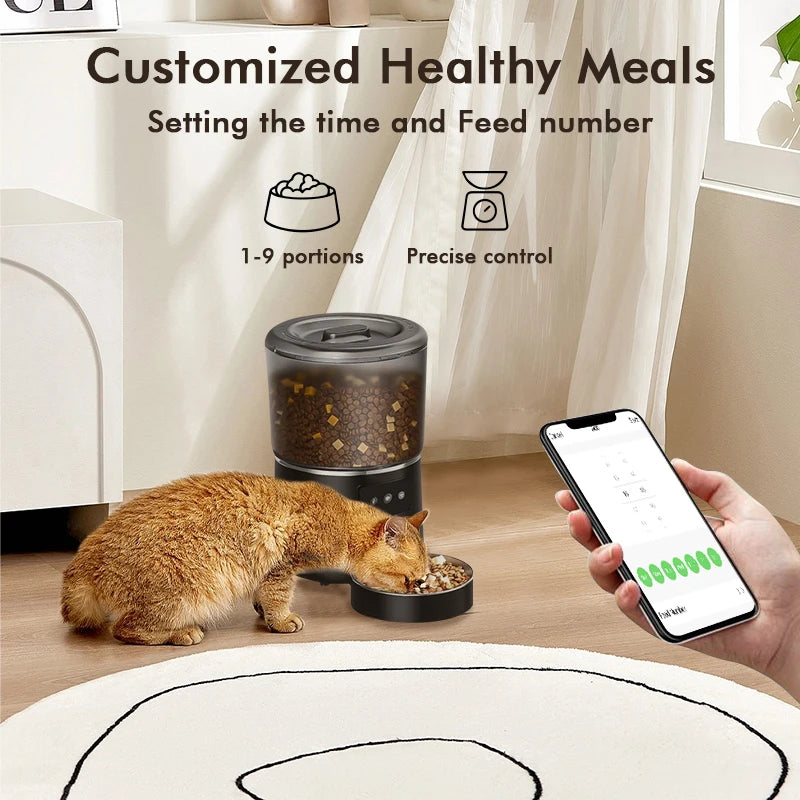 Cat eating from a food dispenser with a smartphone app controlling the feeding process.