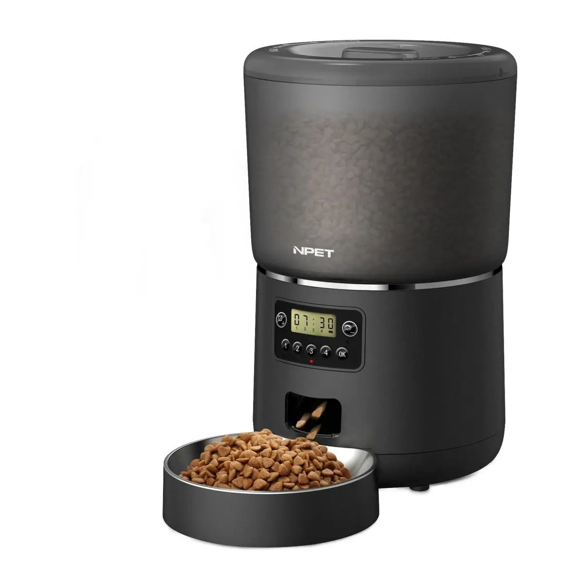 Black pet feeder with digital display and a bowl of kibble on a white background