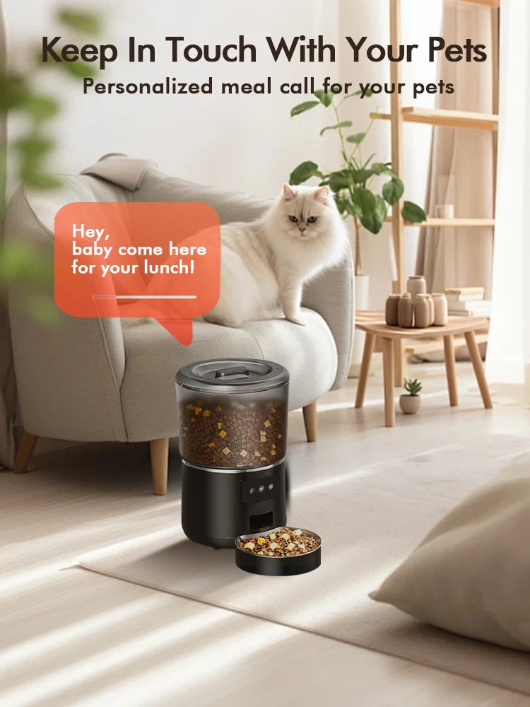 Pet feeder with a cat on a couch in a living room setting, promoting personalized meal calls for pets.