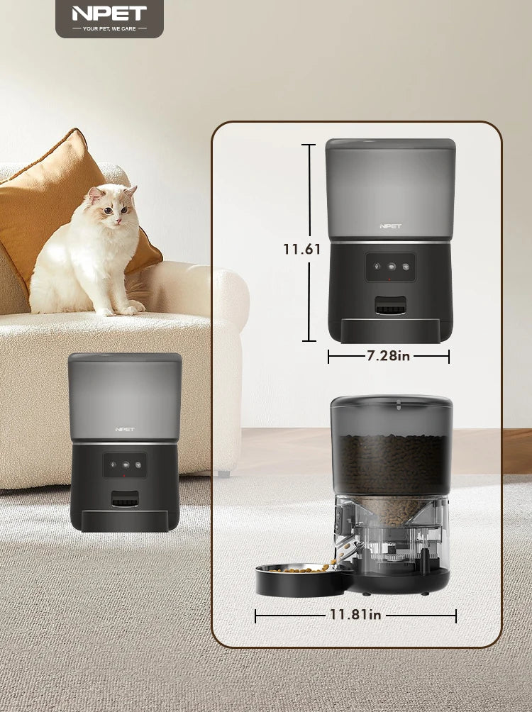 NPET pet feeder with a cat on a couch, showing dimensions.