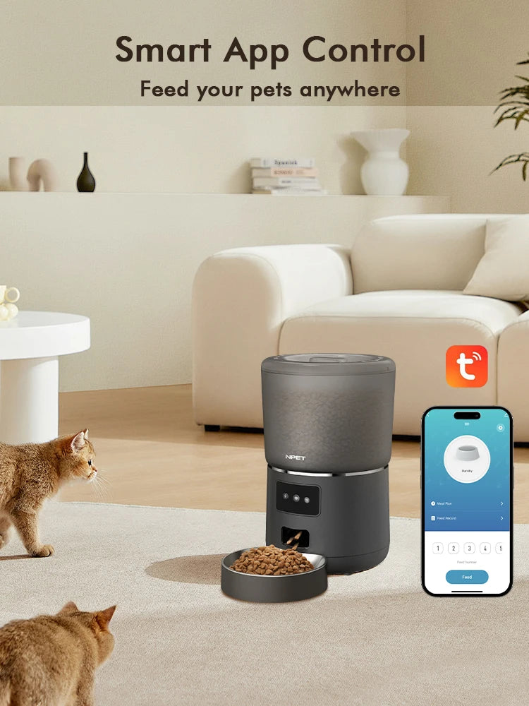 Pet feeder with smartphone app for smart app control in a living room setting.