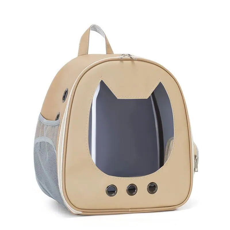 Beige pet carrier with cat-shaped window on a white background