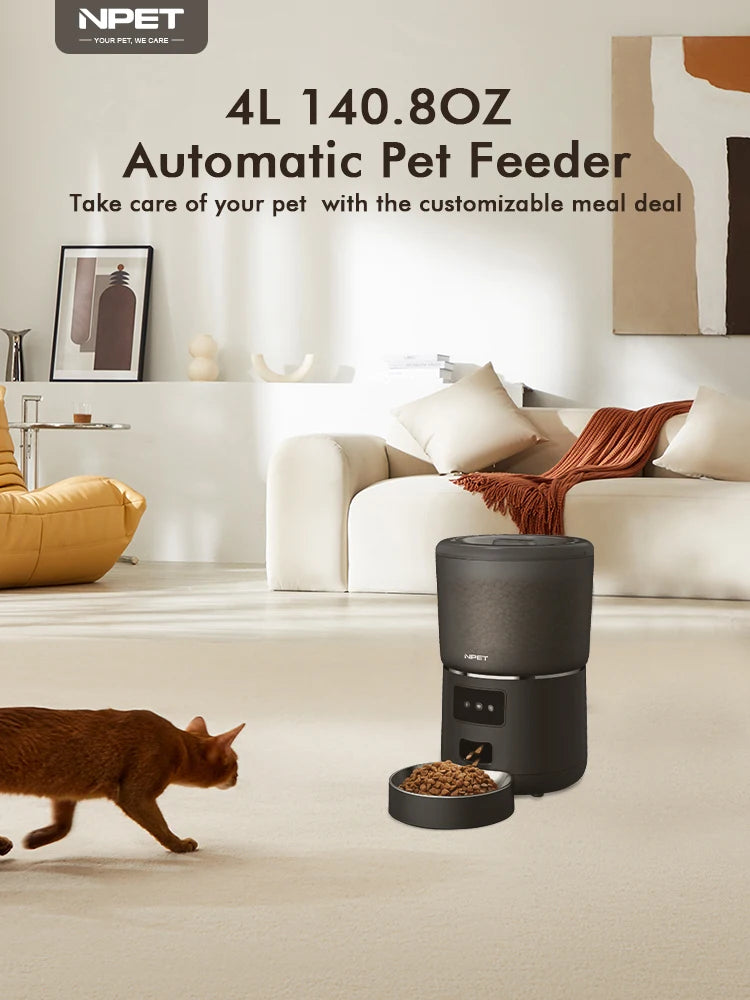 Automatic pet feeder with a cat in a living room setting, featuring NPET branding.