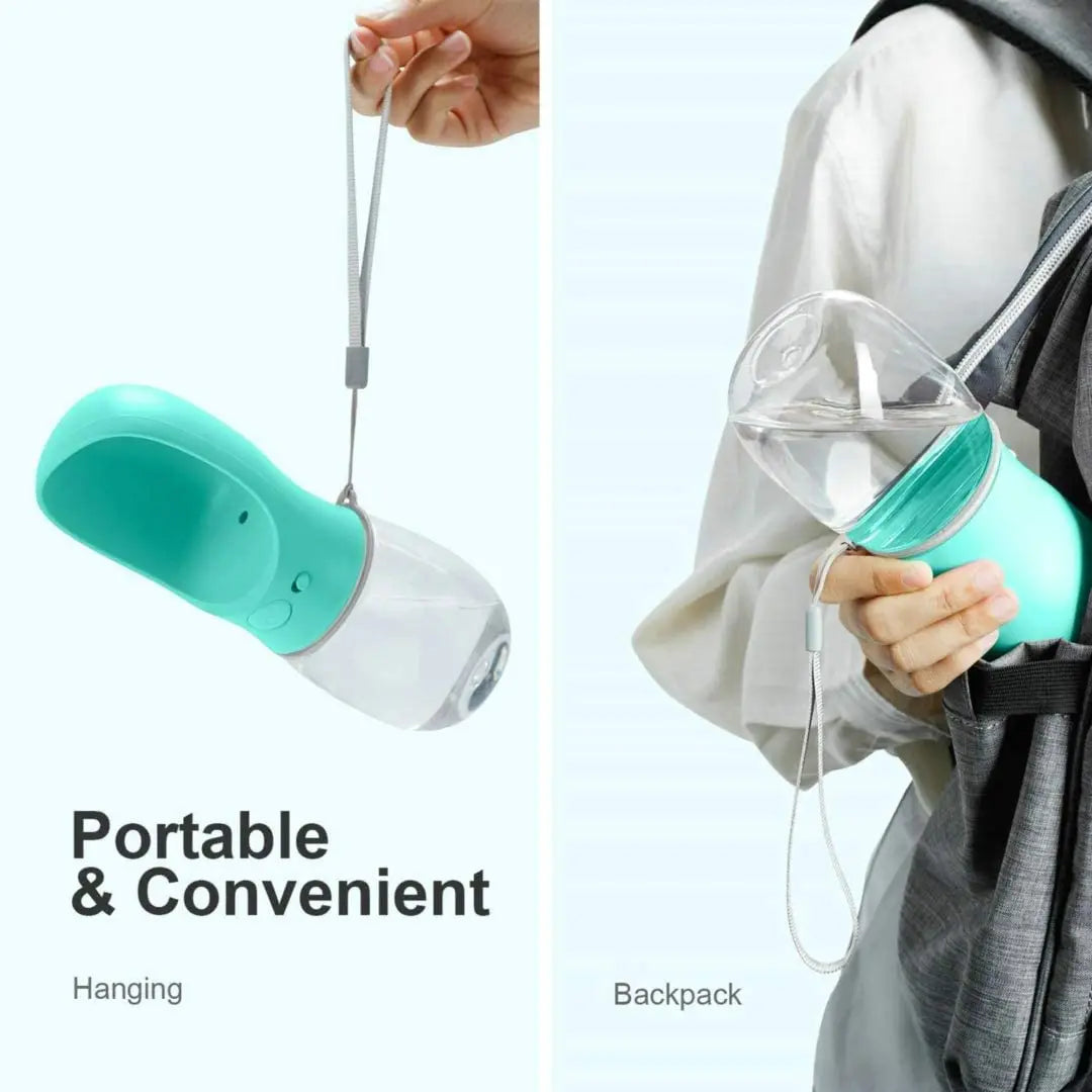 Turquoise and white portable device held by a person and attached to a backpack.