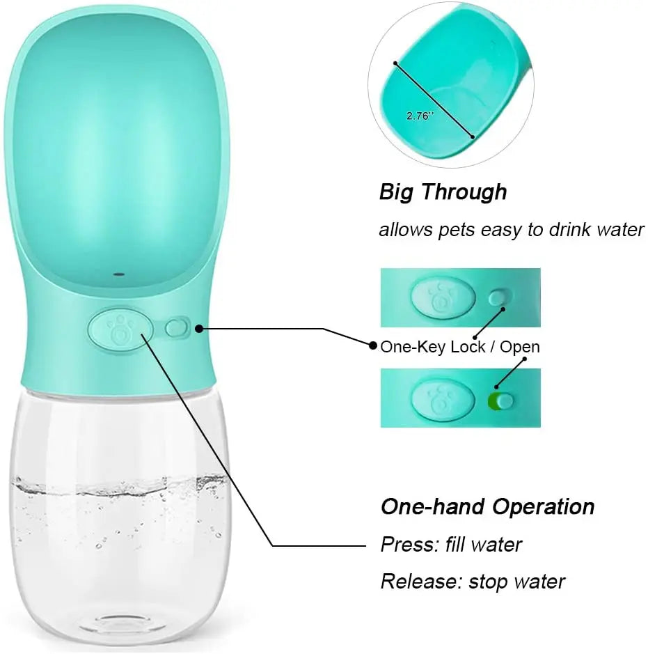 Pet water bottle with features highlighted on a white background
