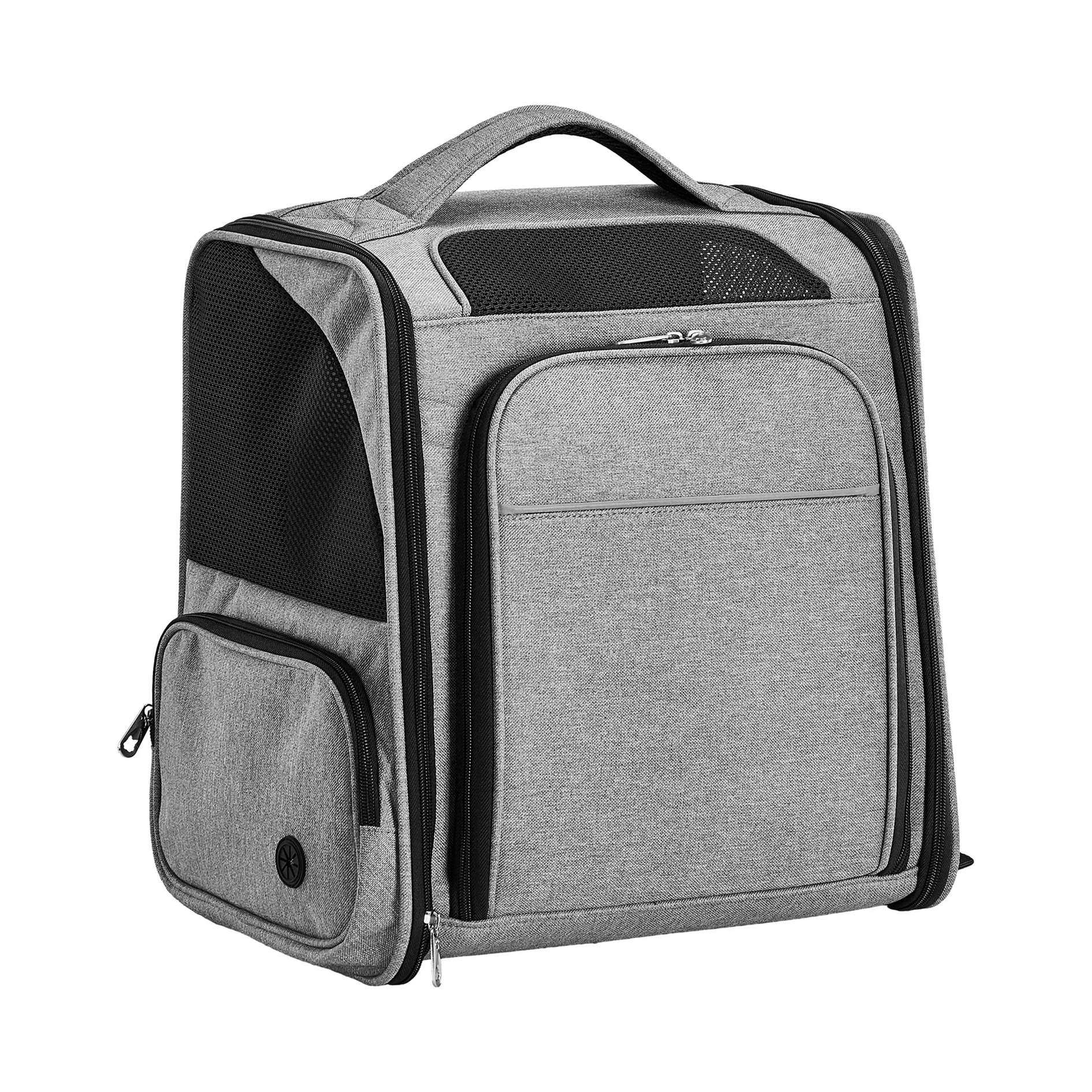 Gray pet carrier with open front panel on a white background