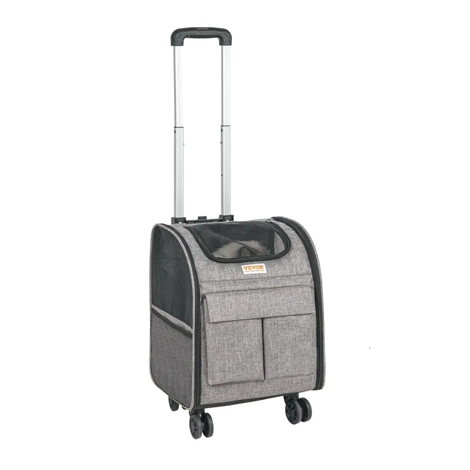 Gray pet carrier with wheels on a white background