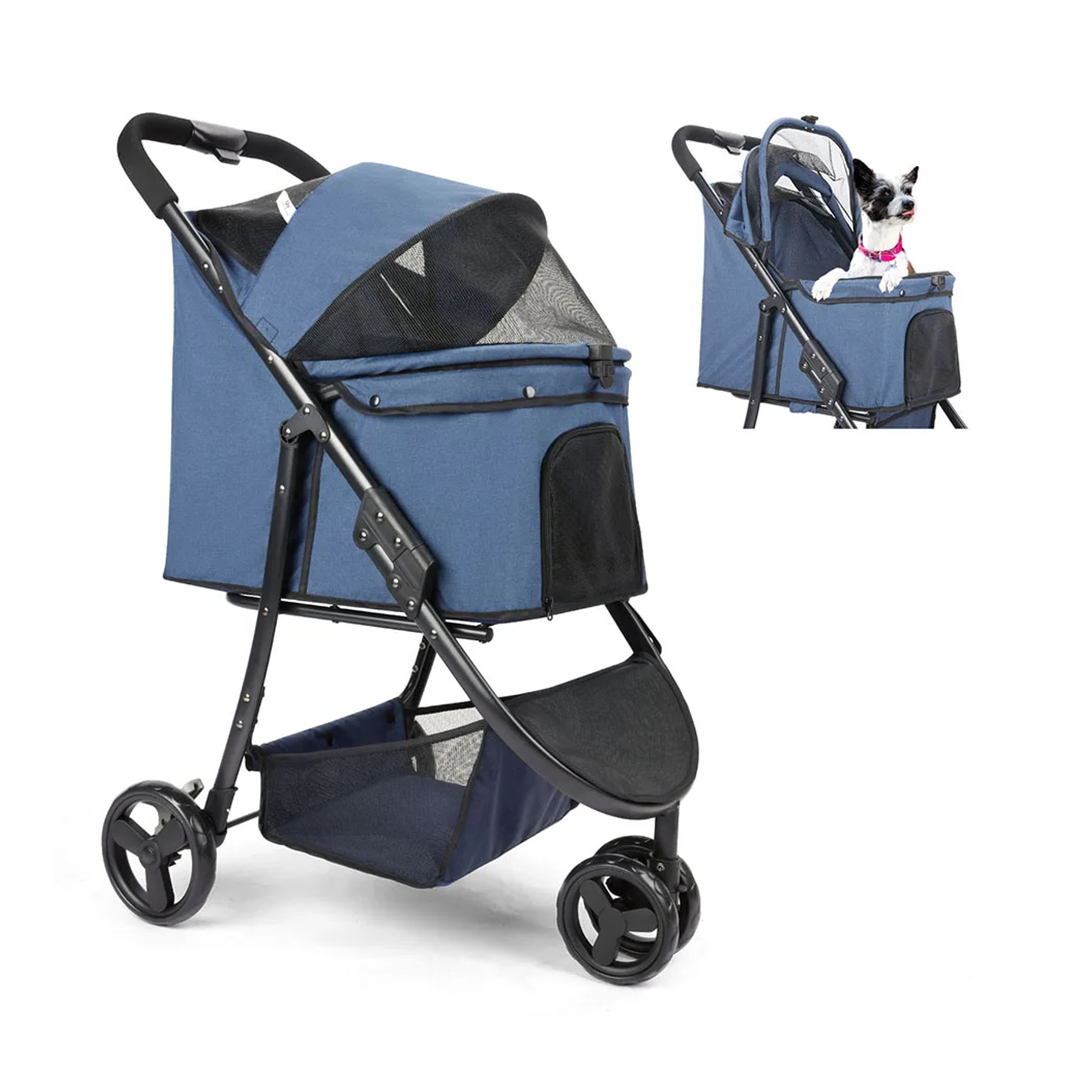 Blue pet stroller with a dog inside on a white background