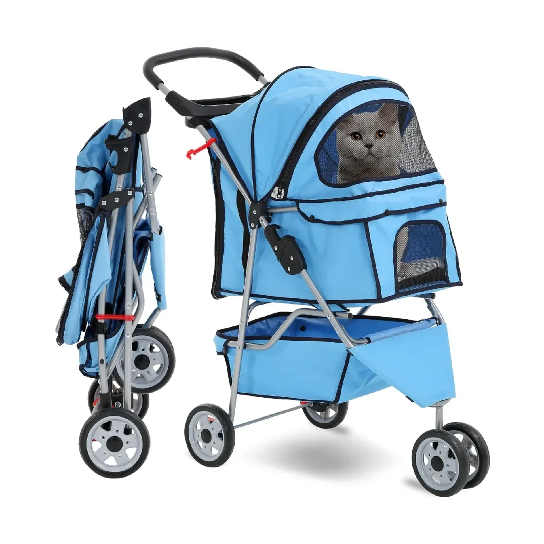 Blue pet stroller with a cat inside on a white background