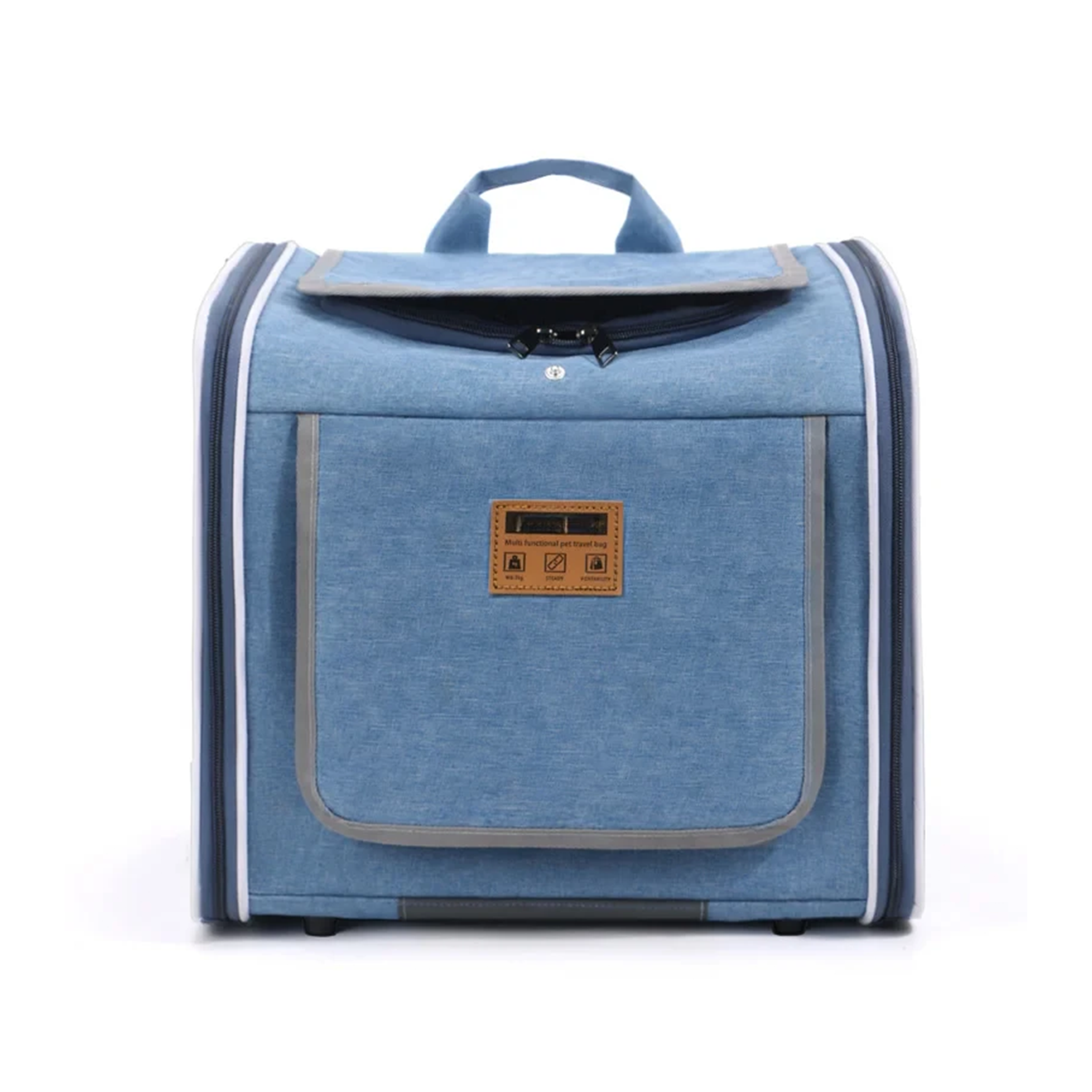 Blue pet carrier with gray accents on a white background