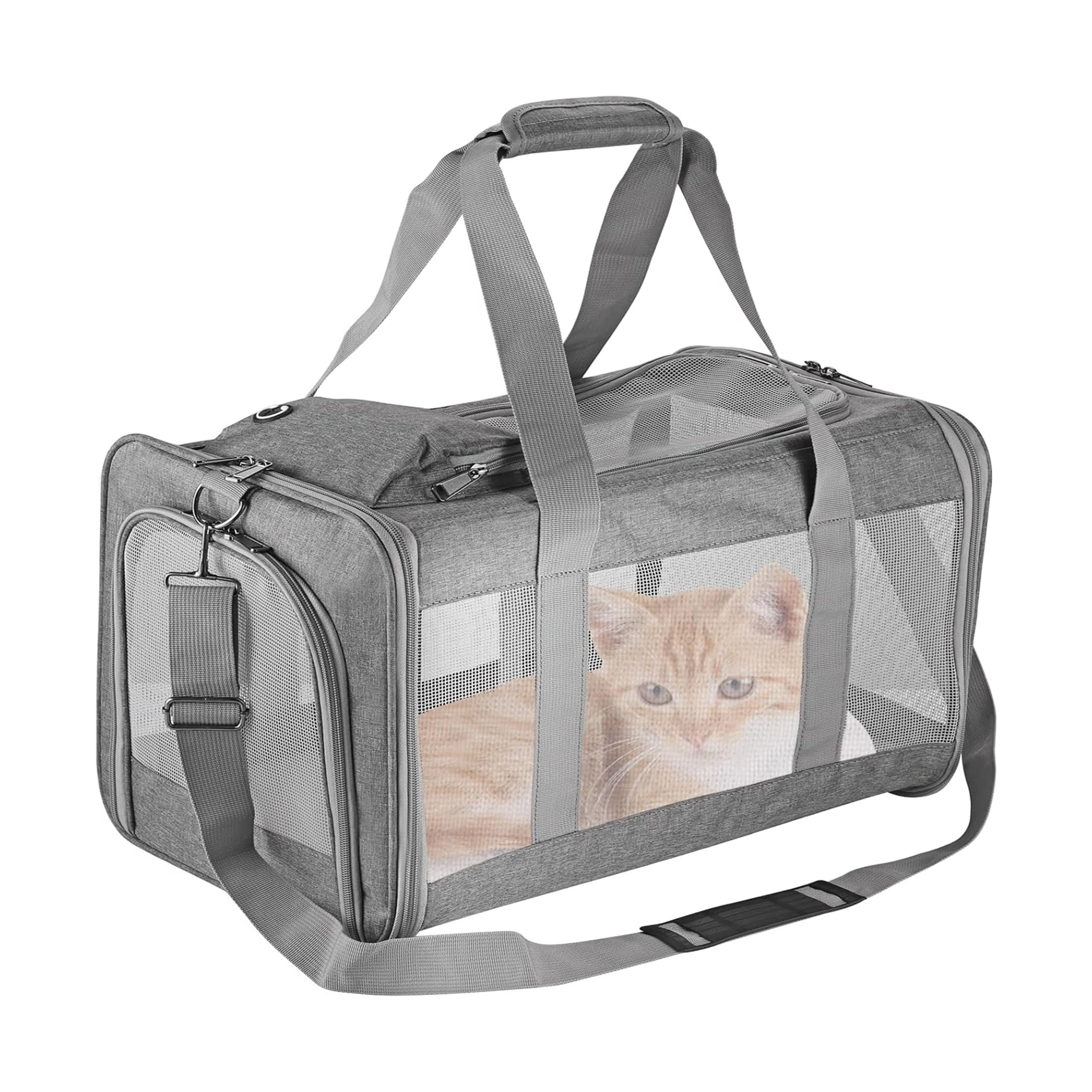 Gray pet carrier with a transparent side panel showing a cat inside, on a white background