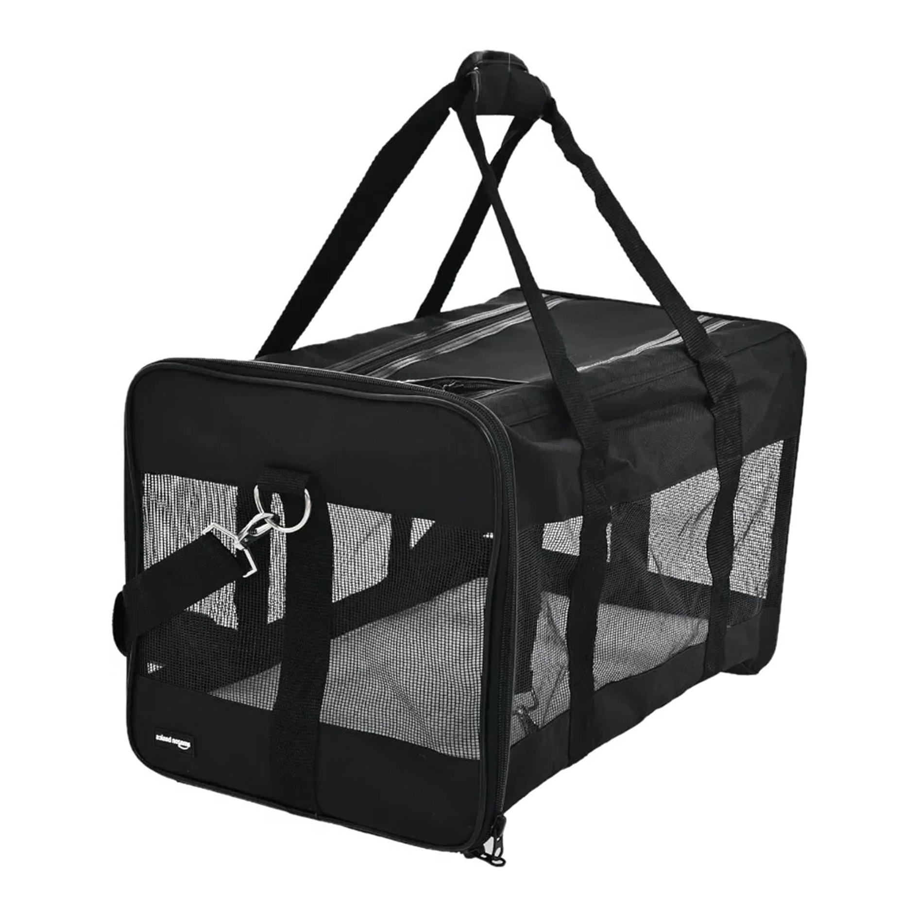 Black pet carrier with mesh sides on a white background