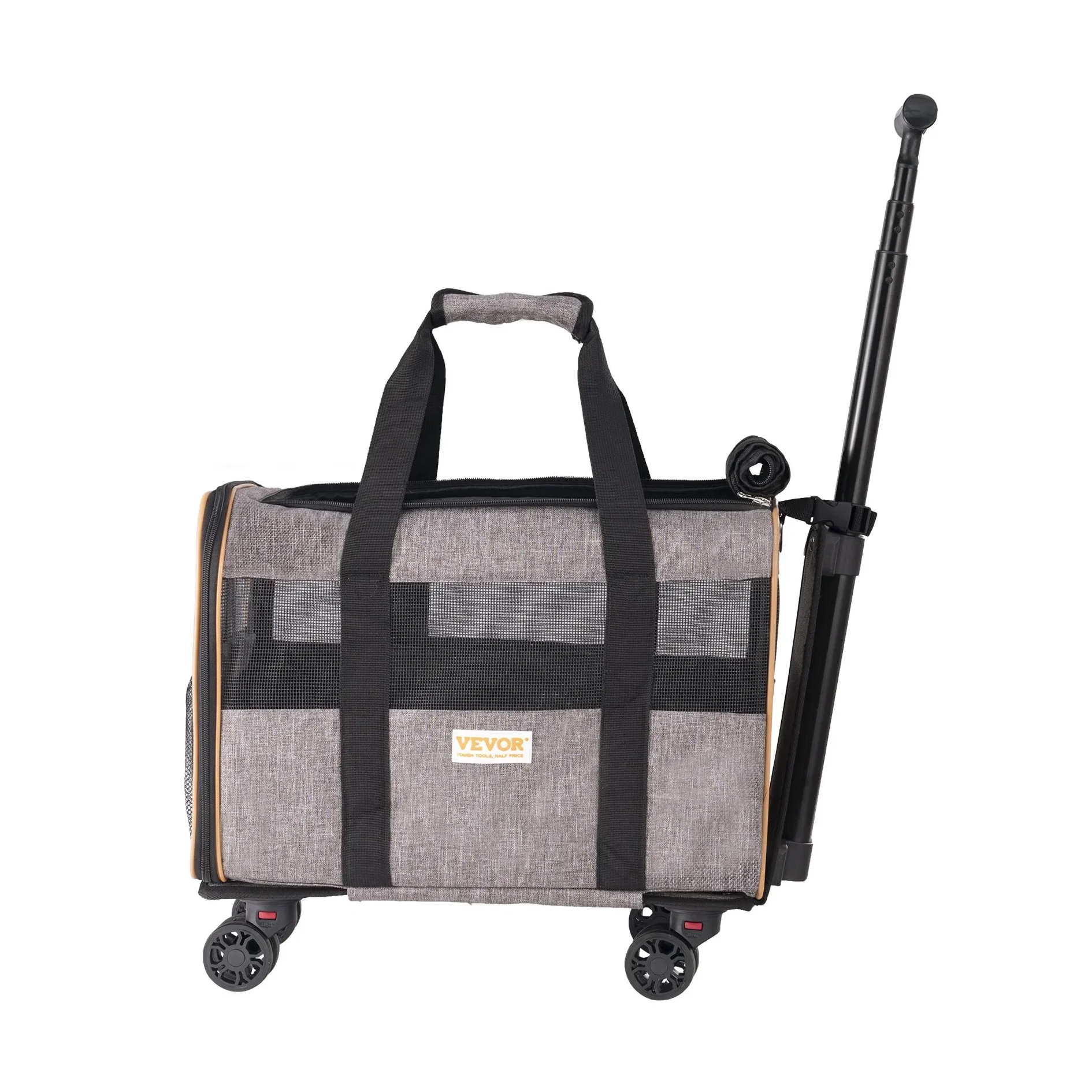 Gray pet carrier with wheels and a handle on a white background