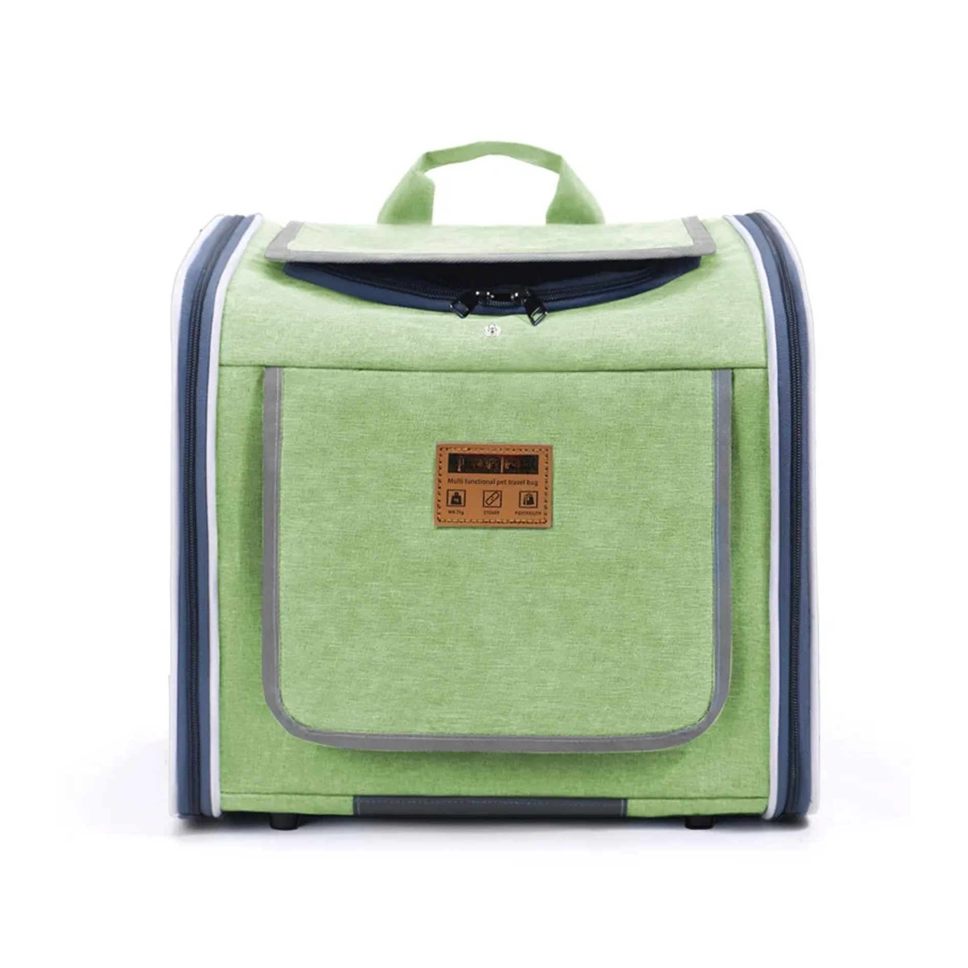 Green pet carrier with a visible brand logo on a white background