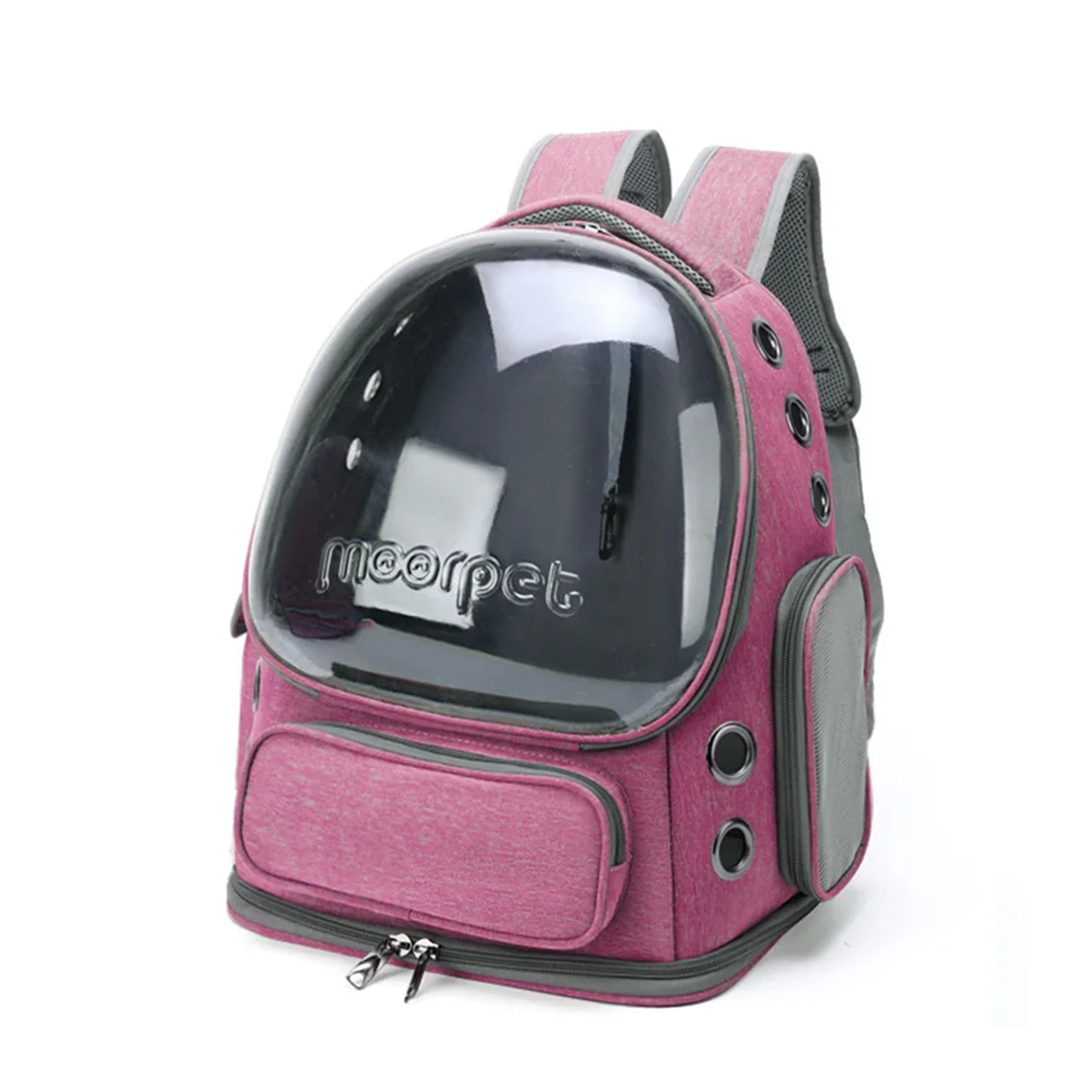 pink pet backpack with transparent front panel on a white background