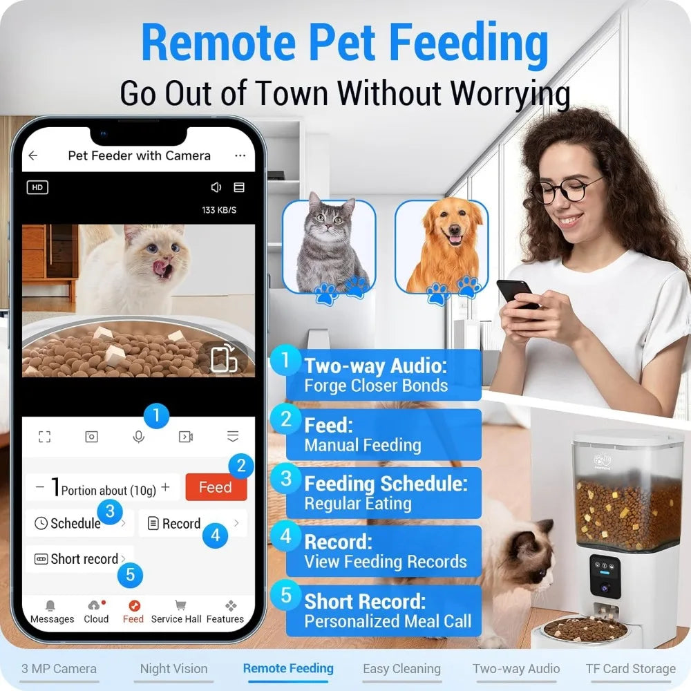 Pet feeder with camera and remote control features, showing a woman using her phone.