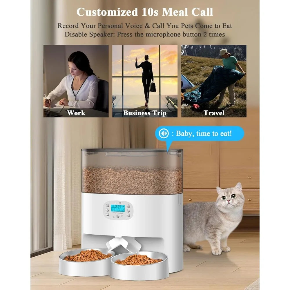 Pet feeder with customizable meal call feature, showing a cat and a woman in different scenarios.