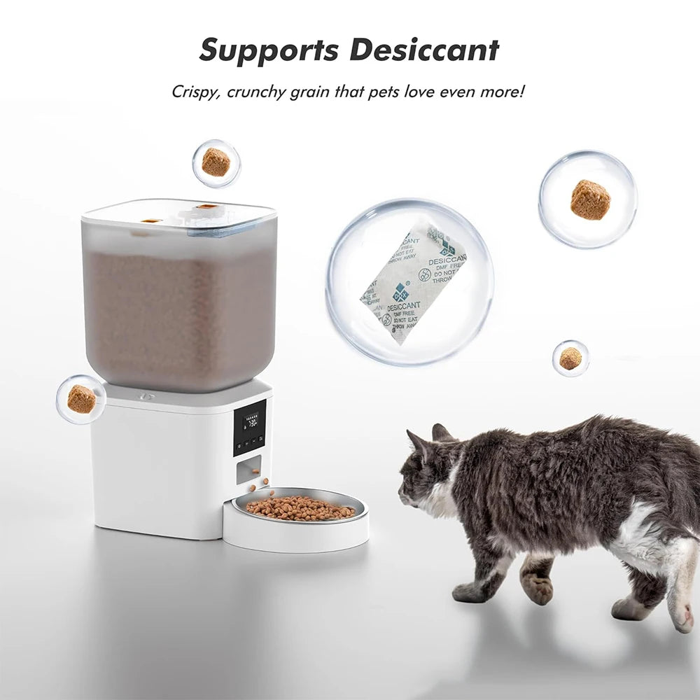 Pet food dispenser with cat walking and text about desiccant support