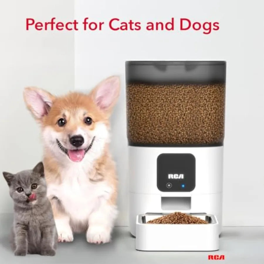 Pet food dispenser with a dog and cat in front of it, labeled 'Perfect for Cats and Dogs'.