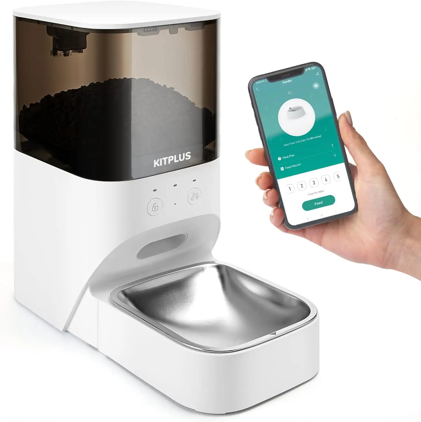 Smart pet feeder with a hand holding a phone showing an app interface, on a white background.