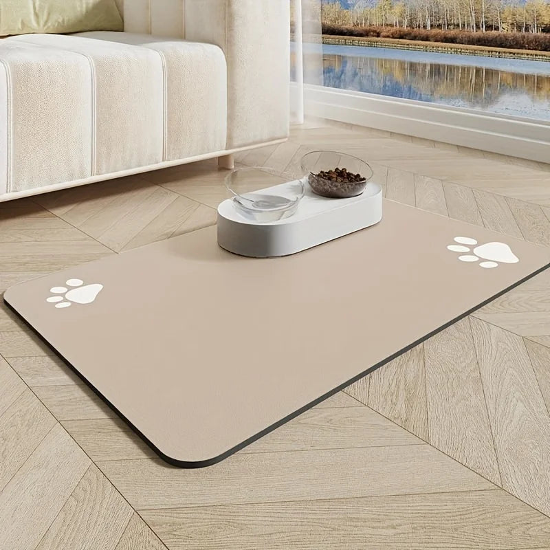 Pet mat with paw prints on a wooden floor in a living room setting.
