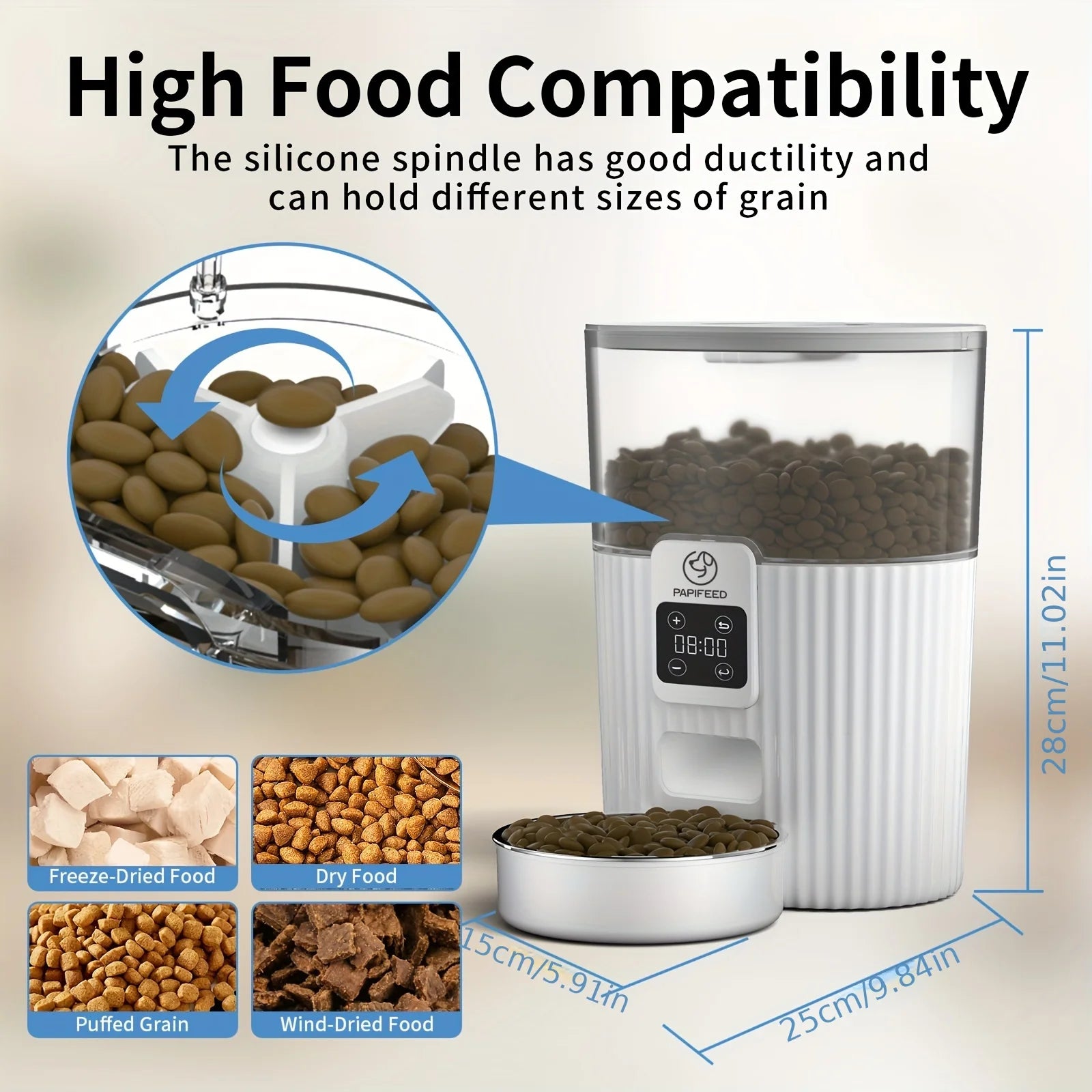 Pet food dispenser with text about high food compatibility and silicone spindle functionality.