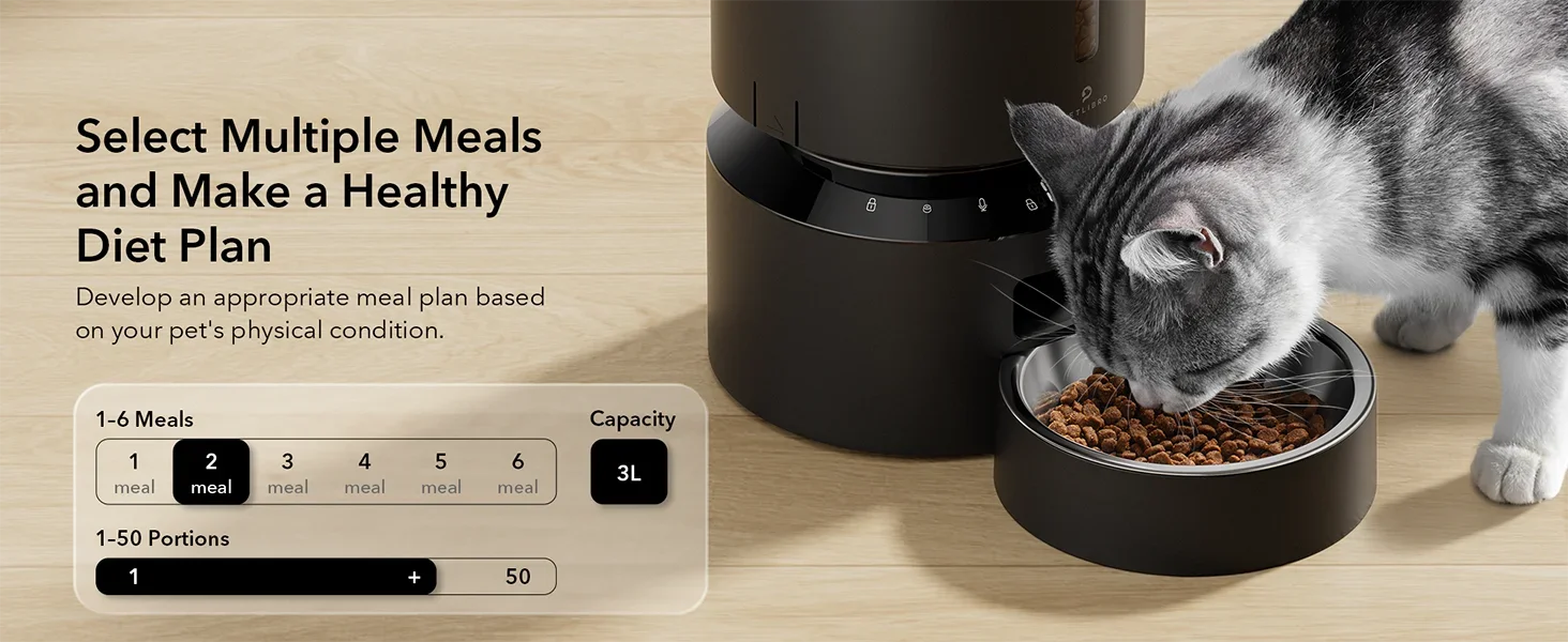 Cat eating from a bowl next to a pet food dispenser with text about meal planning.