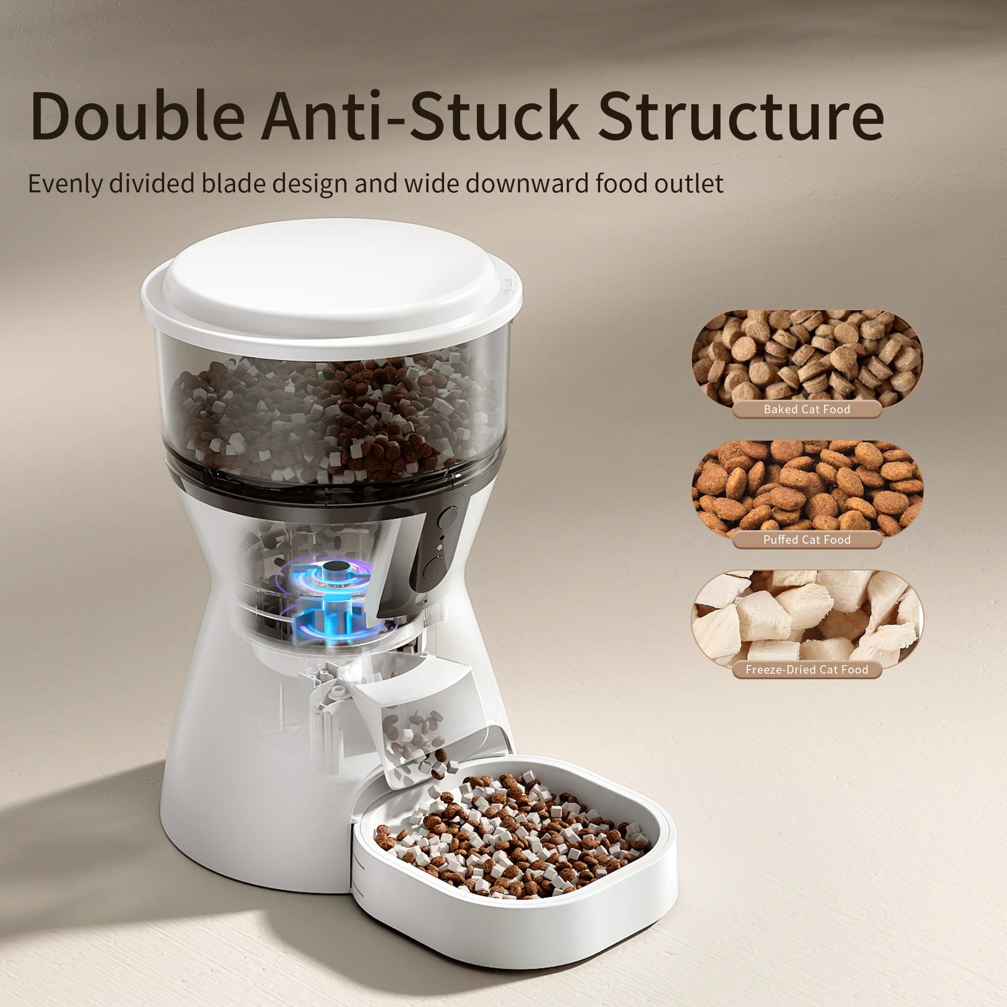 Pet food grinder with text highlighting features on a beige background