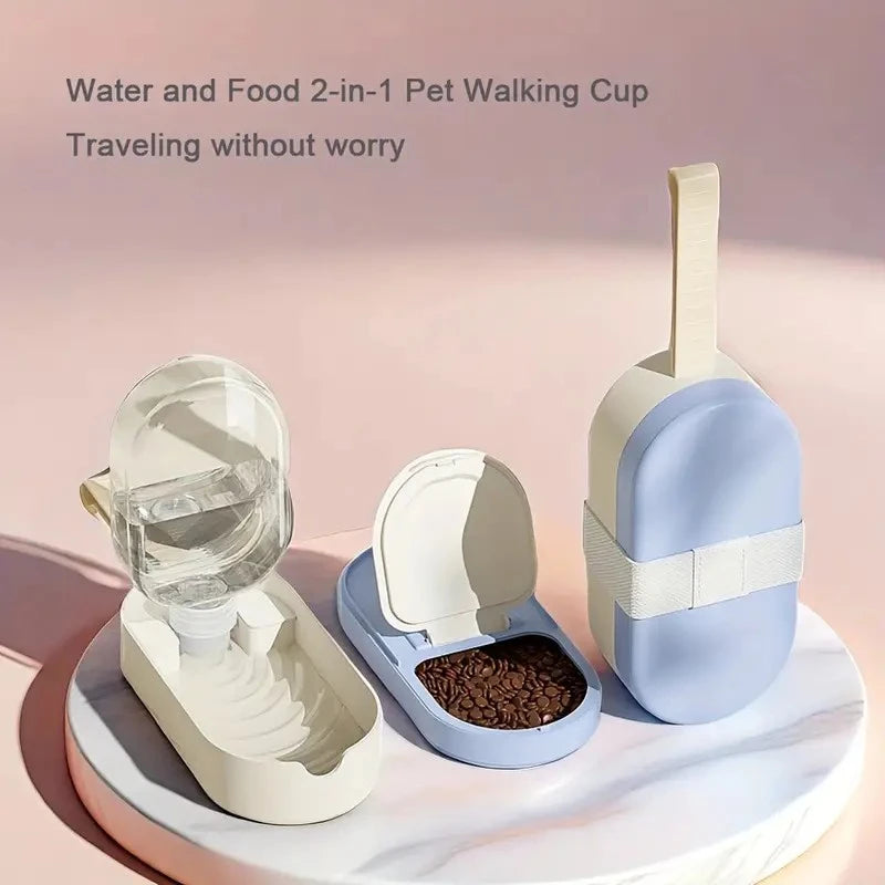 Pet walking cup with water and food compartments on a pink background
