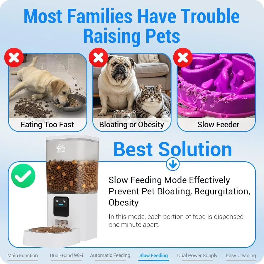 Advertisement for a pet feeding device with text about preventing pet issues.