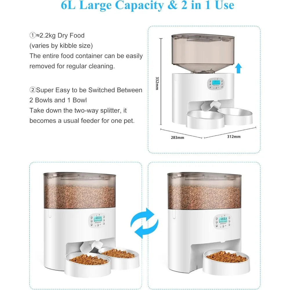 Pet food dispenser with features highlighted on a white background