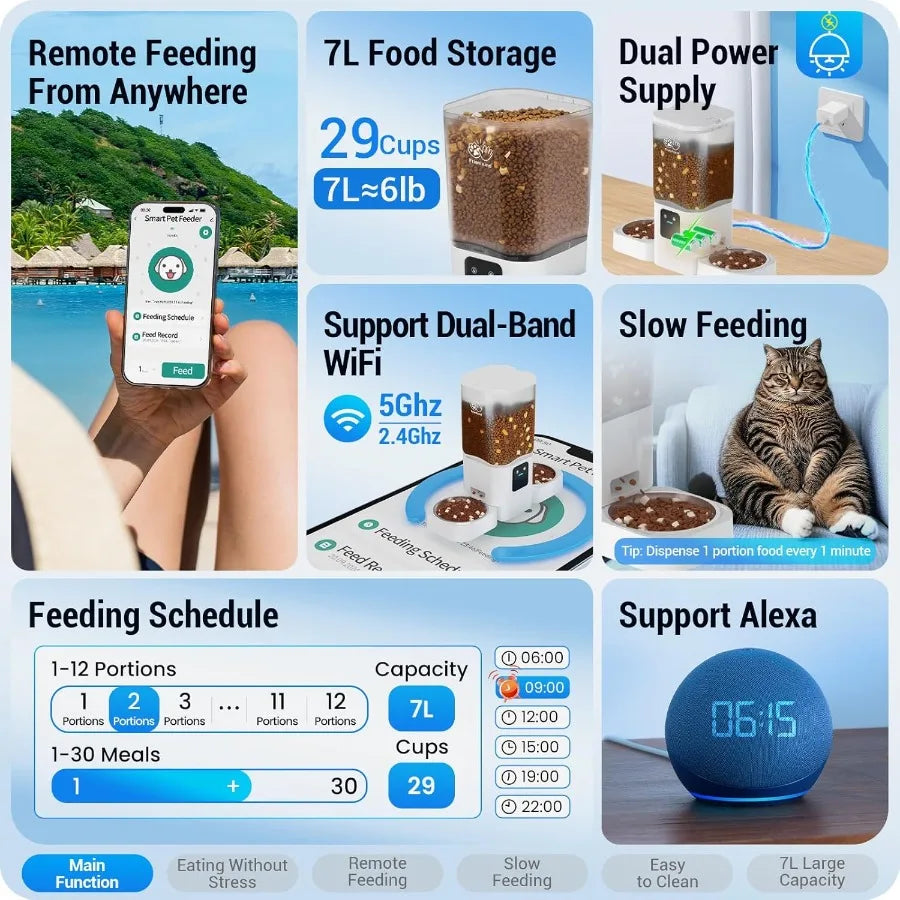 Cat feeder with features like remote feeding, food storage, and support for Alexa.