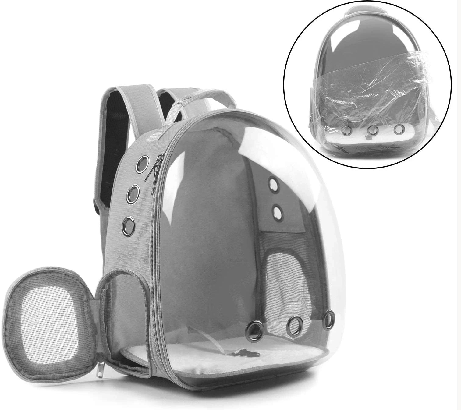 Clear pet carrier backpack with gray accents on a white background