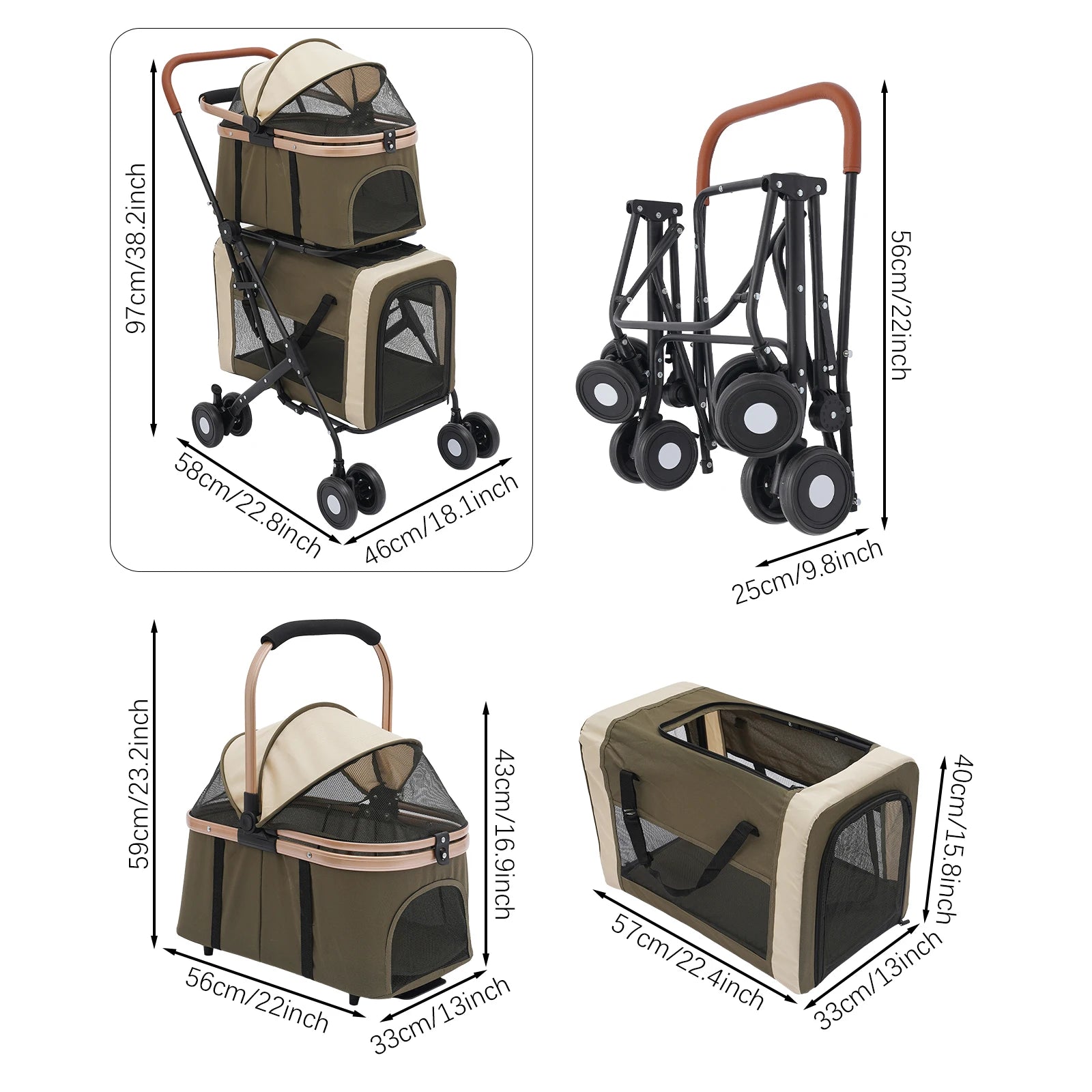 Pet stroller with dimensions labeled on a white background